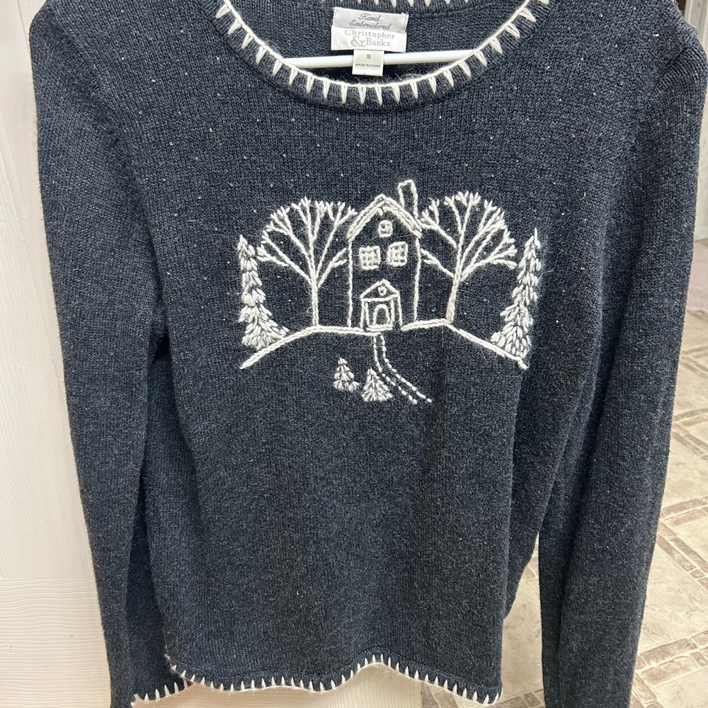 Christopher & Banks Dark Gray Sweater with White Scenic Design